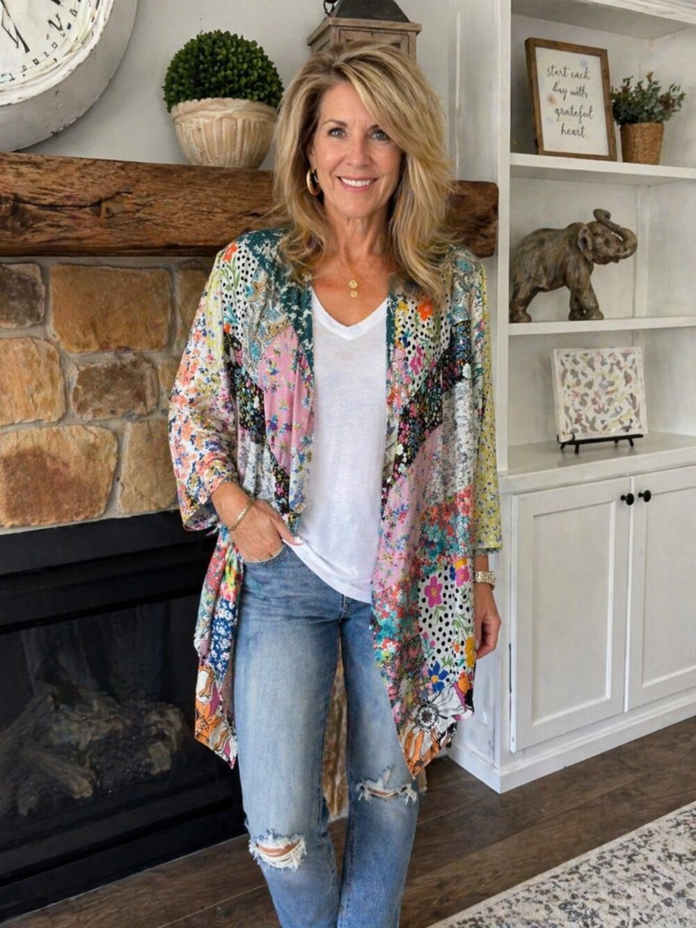 Young Threads Patchwork Boho Kimono Cardigan | Floral Mixed Print | Lightweight